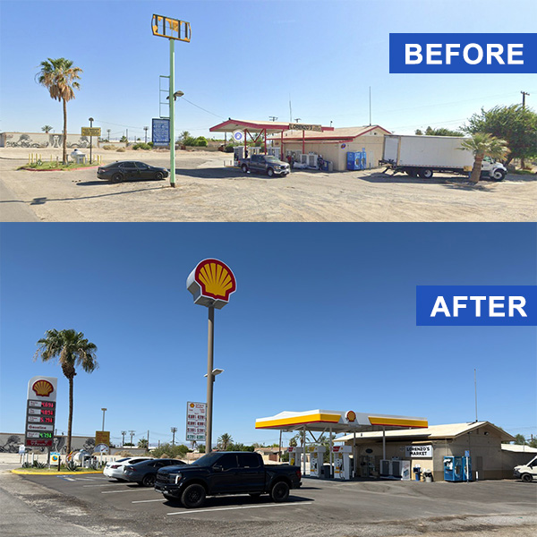 Before and after of a rebranded Shell station