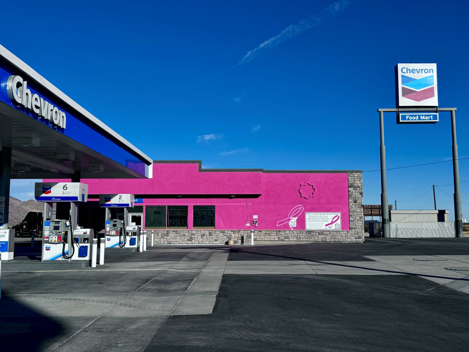 Pink Chevron station in Yermo, California supporting The Pink Agenda