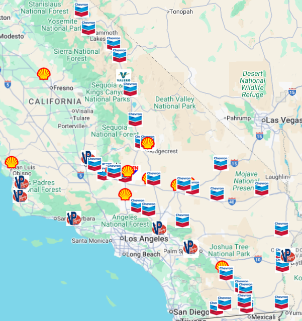 Map of Navillus Petroleum branded retail locations across California, Nevada and Utah